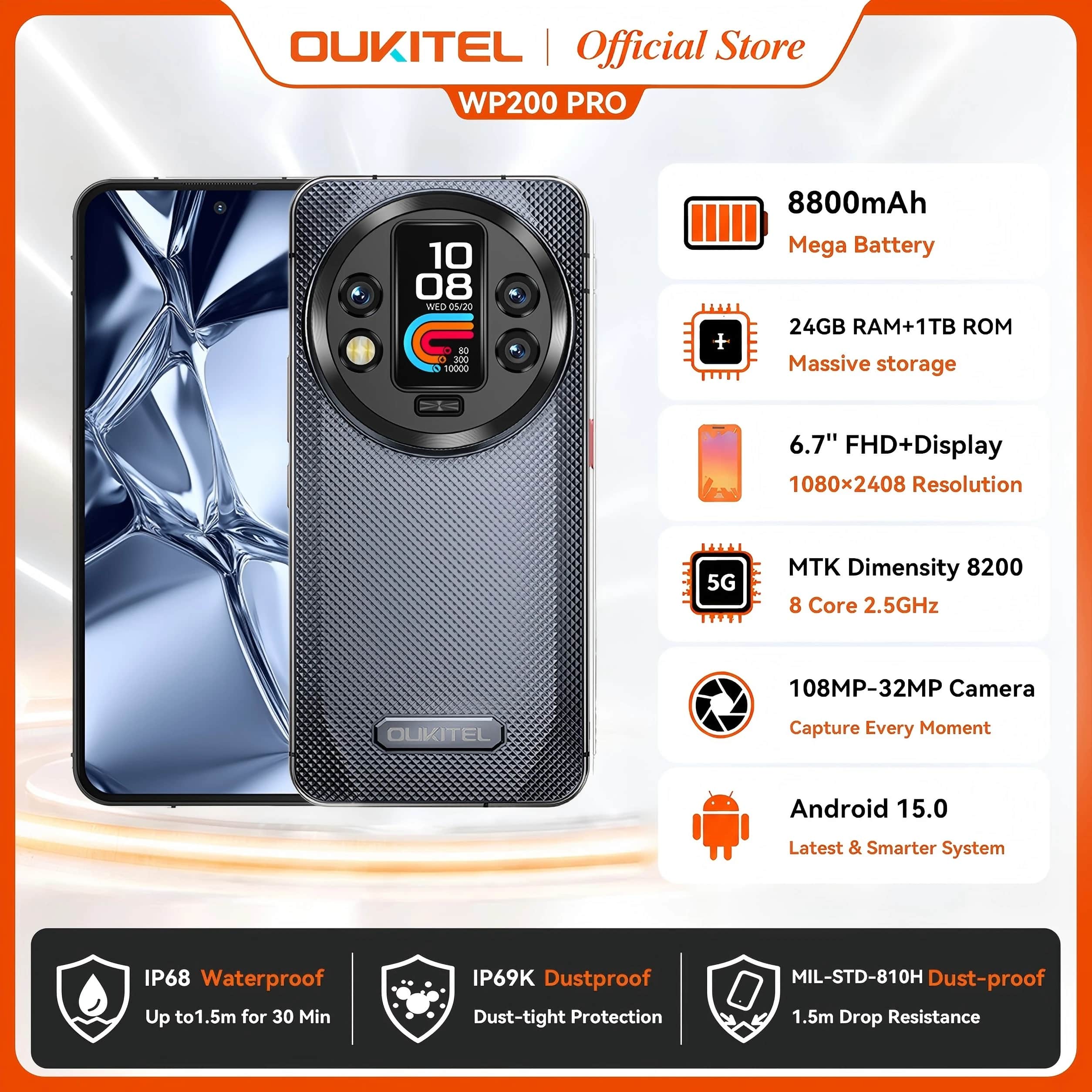 OUKITEL WP200 Pro 5G Rugged Phone AI Smartphone 72GB+1TB 8800mAh Battery 108MP Camera Android 15 Waterproof Outdoor SmartPhone