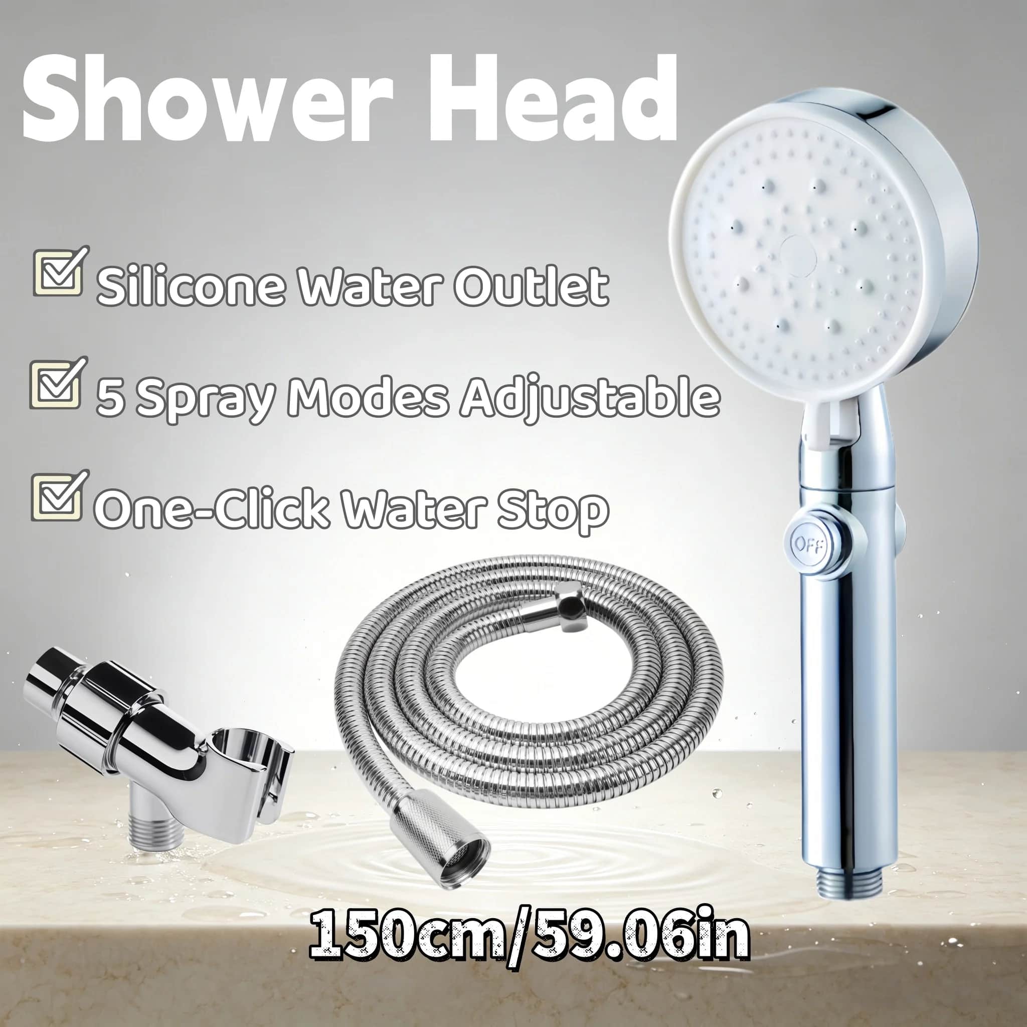 3PCS Silver Boost Shower Head 5 Spray Modes One-Click Stop Soft Silicone Nozzles Flexible Hose US Bracket Bathroom Accessory