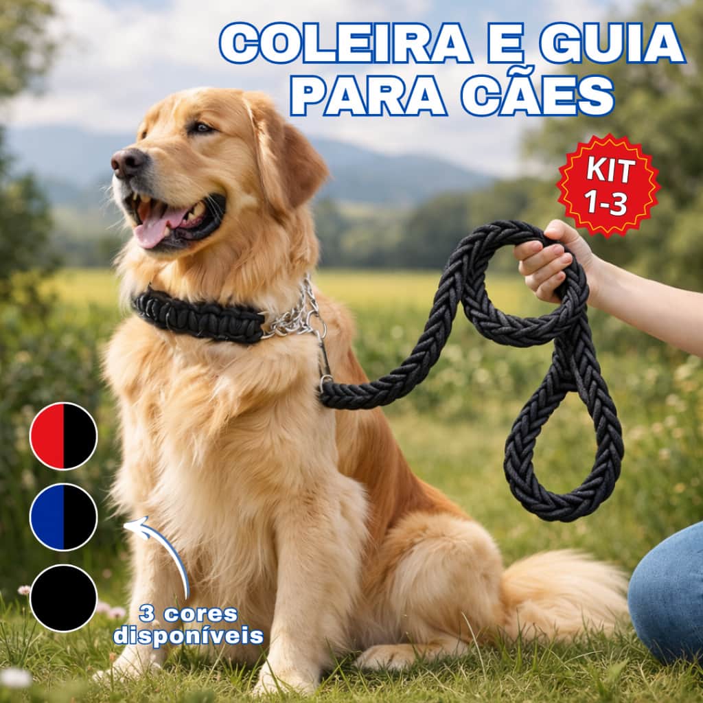Coleira e Guia para Cães Nylon Traçacada de Oito Fios Corda Grande Pequeno, Médio e Grande Porte