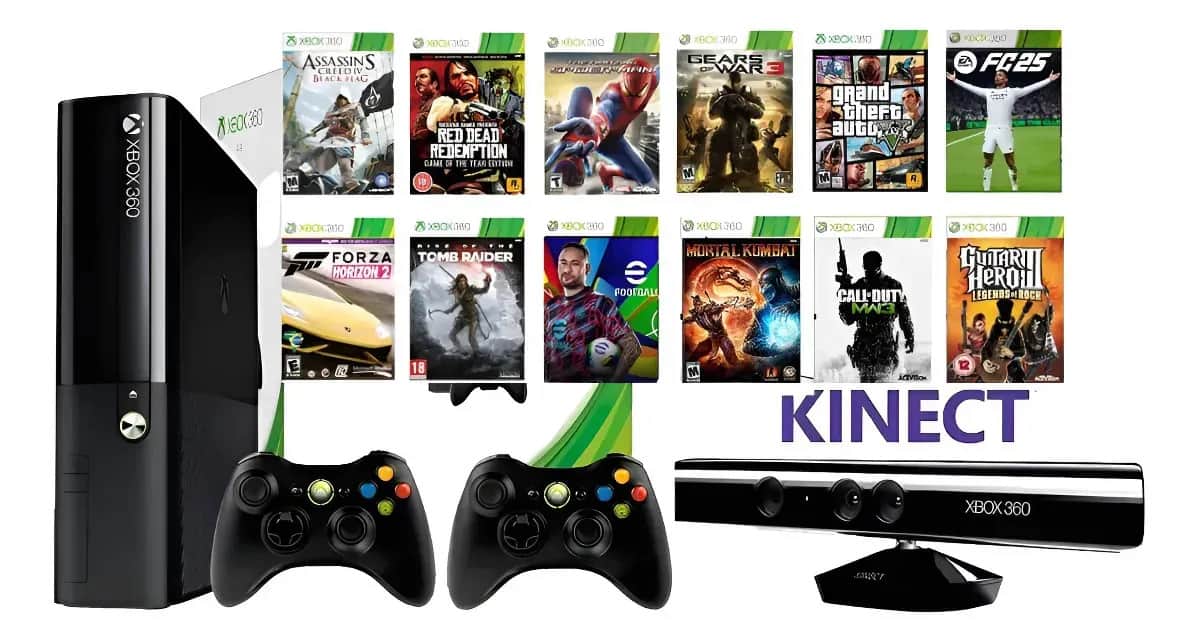 Console Microsoft Xbox 360 Slim 160 GB com 2 Controles, Kinect e 18 Jogos