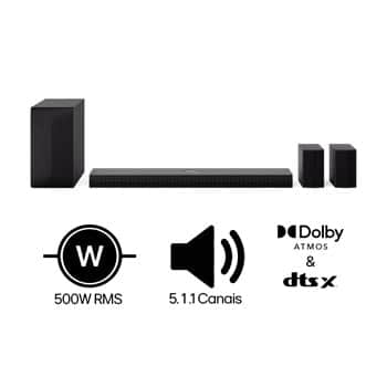 LG Home Theater Soundbar - Dolby Atmos, 500W RMS, 5.1.1 Canais, DTS X, Caixas Traseiras, AI Sound Pro, WOW Sinergy