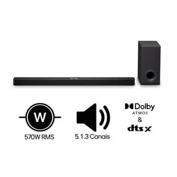 Soundbar LG S90TY – 570W RMS, Dolby Atmos, 5.1.3 Canais, DTS:X, AI Room Calibration Pro, AI Sound Pro, Sem fios, WOW Orchestra, Conexões Múltiplas - S90TY