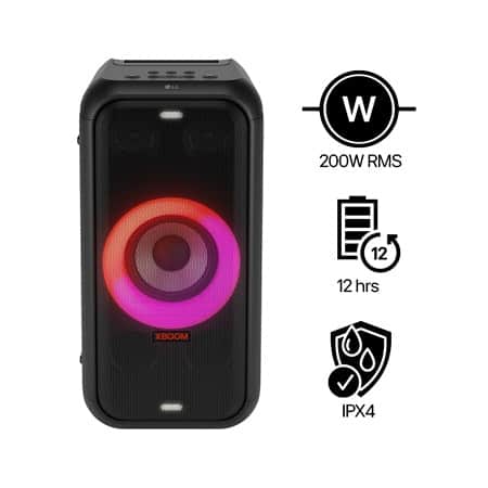 LG Caixa de som Bluetooth PartyBox XBOOM 200W RMS, Resistente à água (IPX4), 12 horas de bateria e Iluminação de Festa - XL5T
