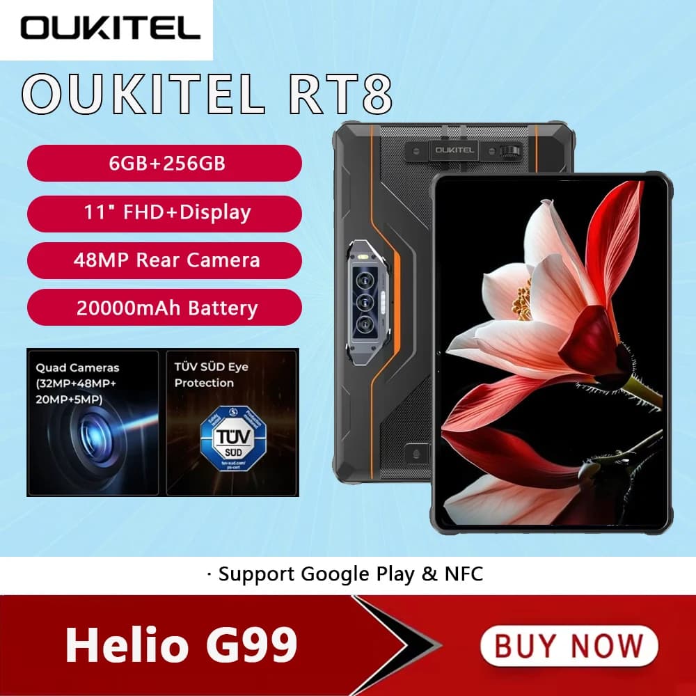 Oukitel RT8 Rugged Tablets 20000mAh Battery 11 Inch FHD+ 6GB+256GB Helio G99 Smart Pad 48MP Camera Tablets PC 33W Android 13 NFC