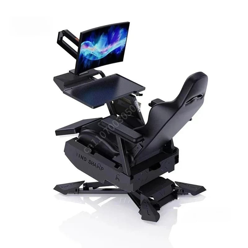 Reclining Gaming Station Cockpit, Integrated Ergonomic Computer Desk Chair with Adjustable Monitor Stand & Armrest Work Tray