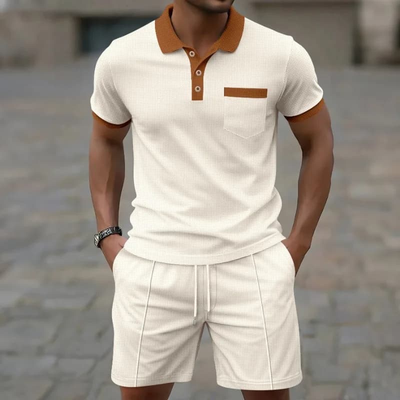 2026 Latest Summer Men's Fashion Casual Trendy Sports Contrast Collar Shirt and Drawstring Shorts 2-piece Fashion Casual Set