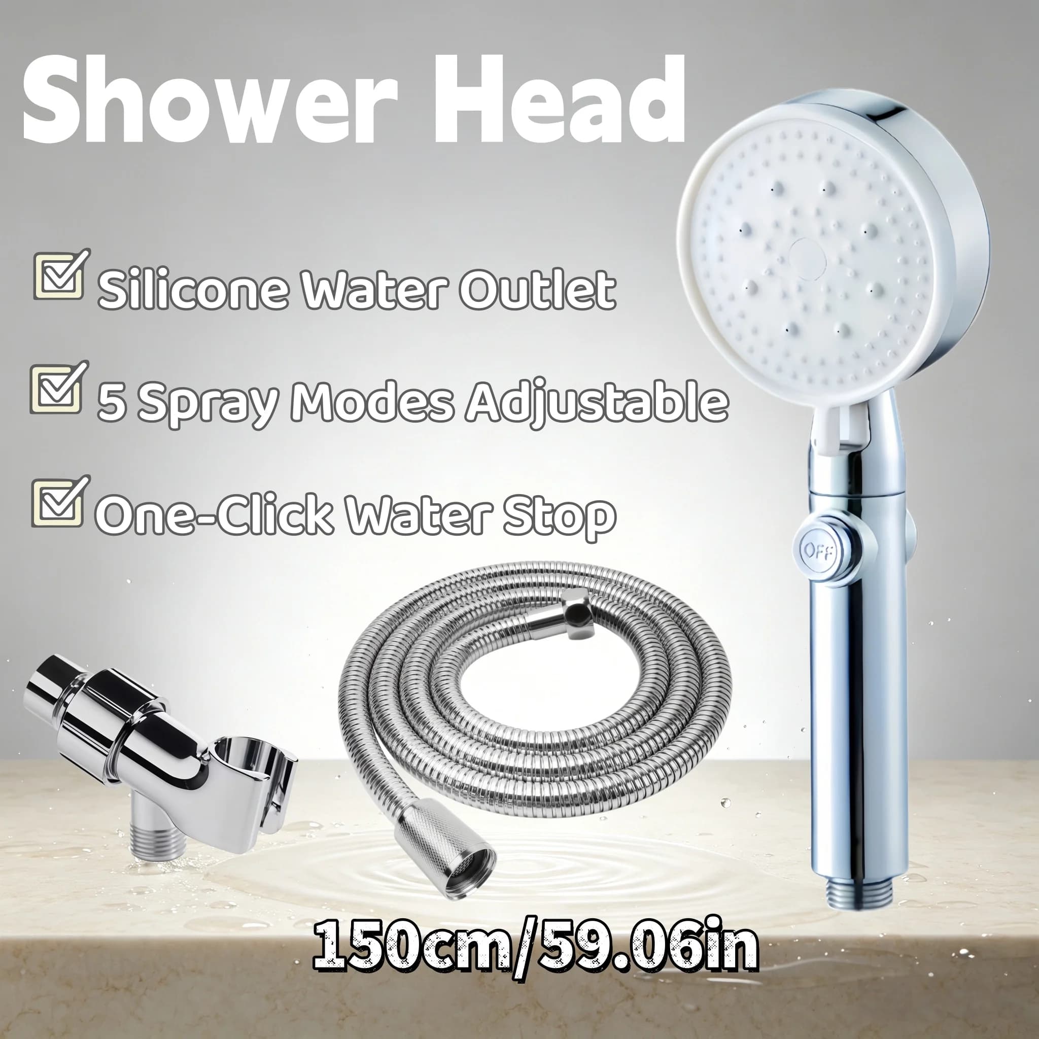 3PCS Silver Boost Shower Head 5 Spray Modes One-Click Stop Soft Silicone Nozzles Flexible Hose US Bracket Bathroom Accessory
