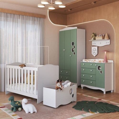 Conjunto Quarto de Bebê com Berço, Cômoda, Guarda-roupa, Prateleira e Baú de Brinquedos