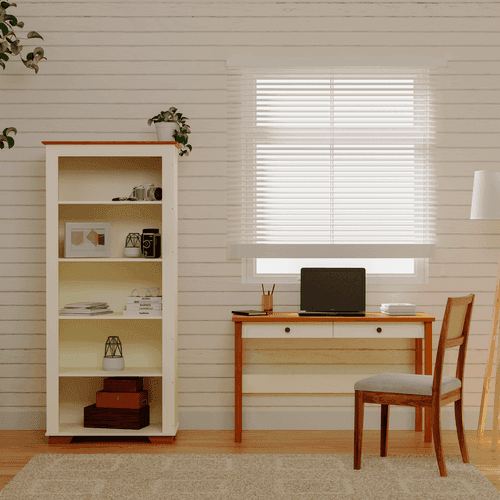 Conjunto Home Office 1 Mesa 120cm 2 Gavetas 1 Estante para Livros Ananda CabeCasa MadeiraOriginals Off Mel Off /Mel