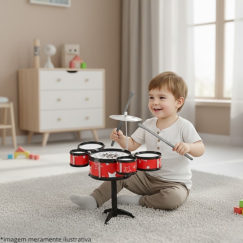 Bateria Infantil Instrumento Musical 5 Tambores Azul e Vermelho Brinquedo Infantil