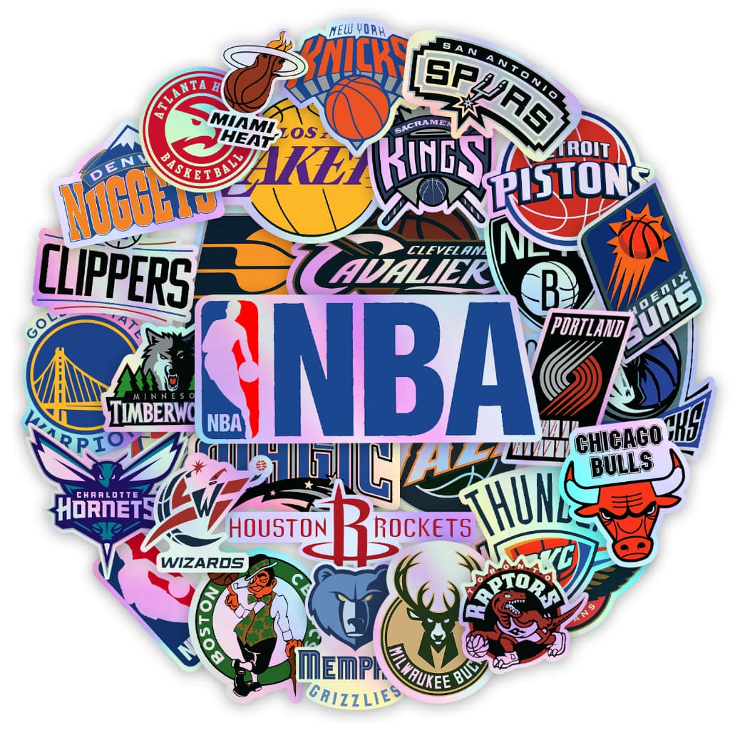 Kit 30 Adesivos Holográficos Times Basquete Personalizados Estilosos para Caderno Esojo Capas de Celulares Notebooks Tablets Cartela