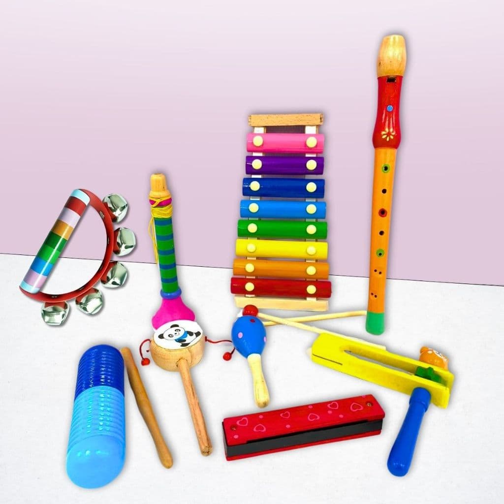 Brinquedo Musical Pedagógico MDF Instrumentos Musicais para Criança Bebê Educativo Banda Colorido
