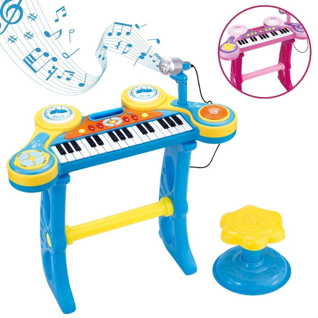 Teclado Piano Infantil Com Microfone e Banquinho Instrumento Musical Brinquedo com Luz e Som