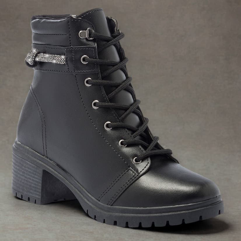 Coturno Feminino Stessy Shoes Bota Cano Baixo Salto Tratorado Brilho Strass Nó Confortável Original