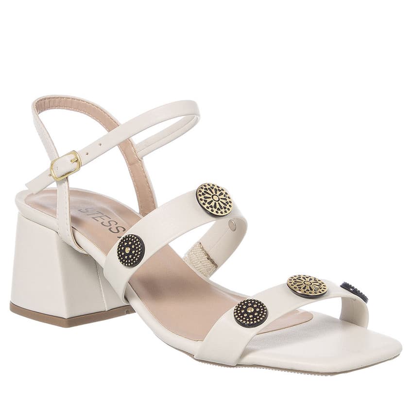 Sandália Feminina Stessy Shoes Salto Médio Bloco Tiras Enfeite Metalizado Lançamento Dia Dia Leve