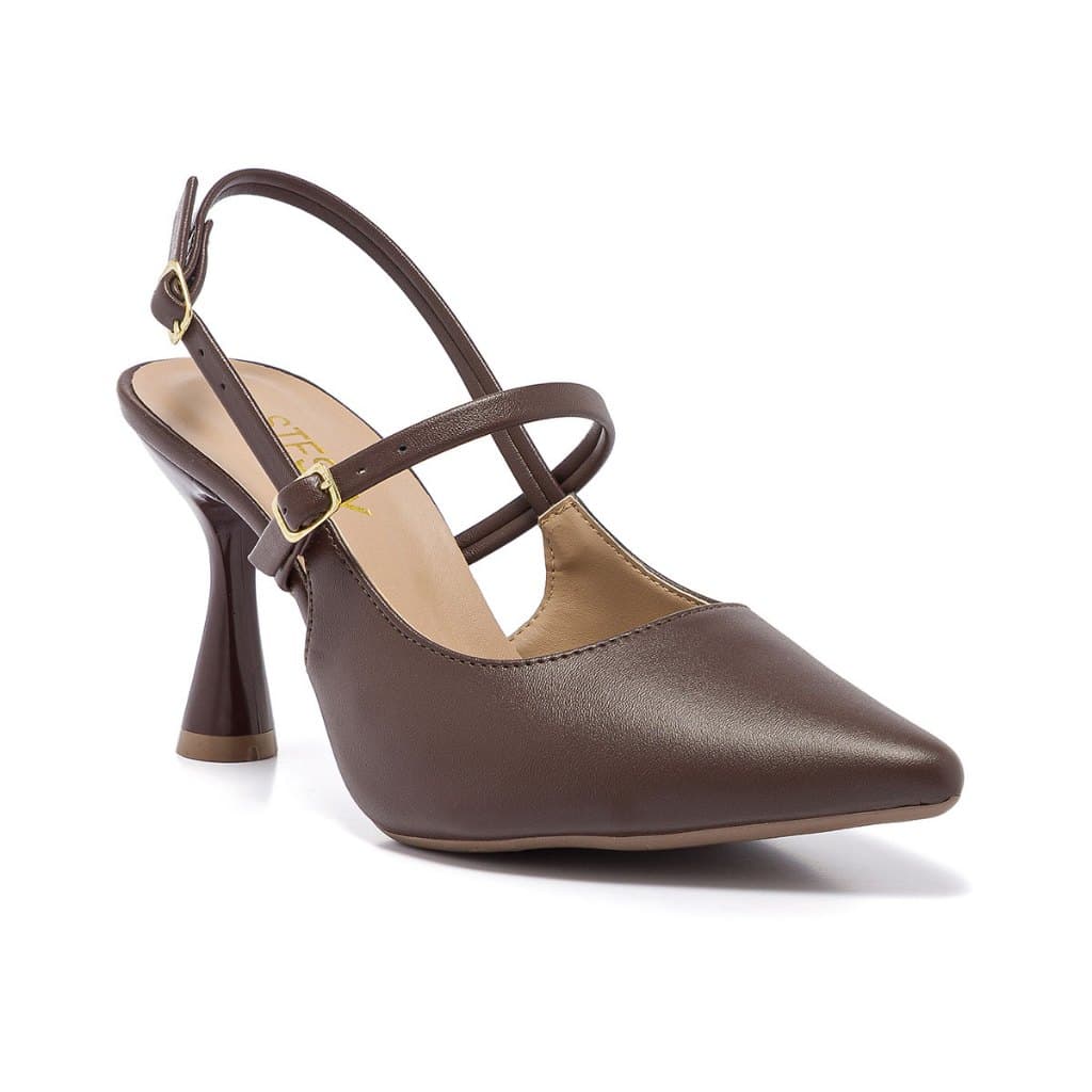 Scarpin Slingback Feminino Stessy Shoes Salto Alto Bico Fino Fivela Elegante Confortável Marrom