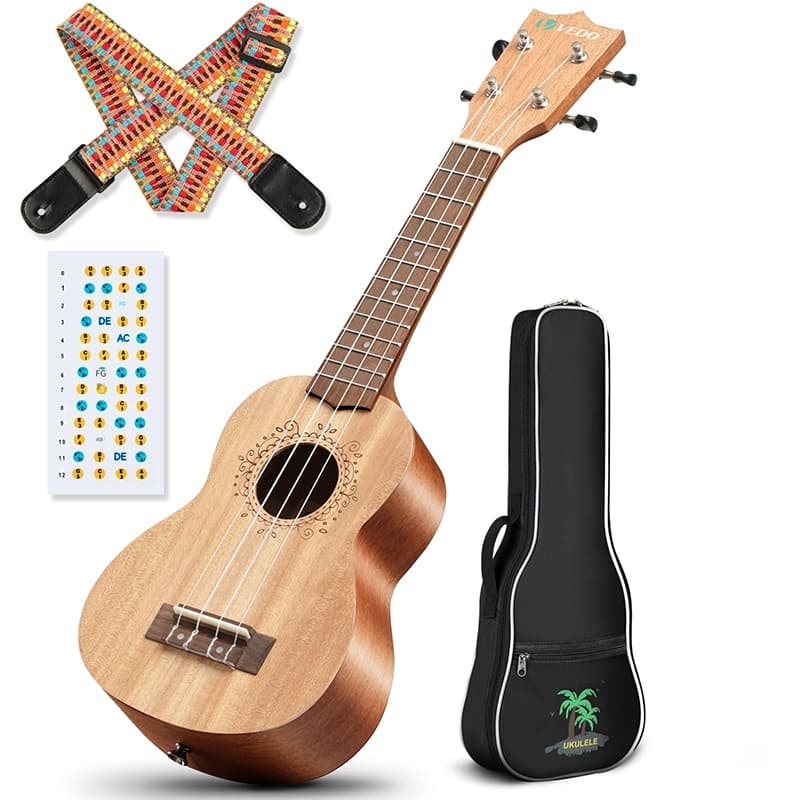 Conjunto para iniciantes com ukulele de 21 polegadas em madeira de pessegueiro, ukulele de tom agudo com bolsa de