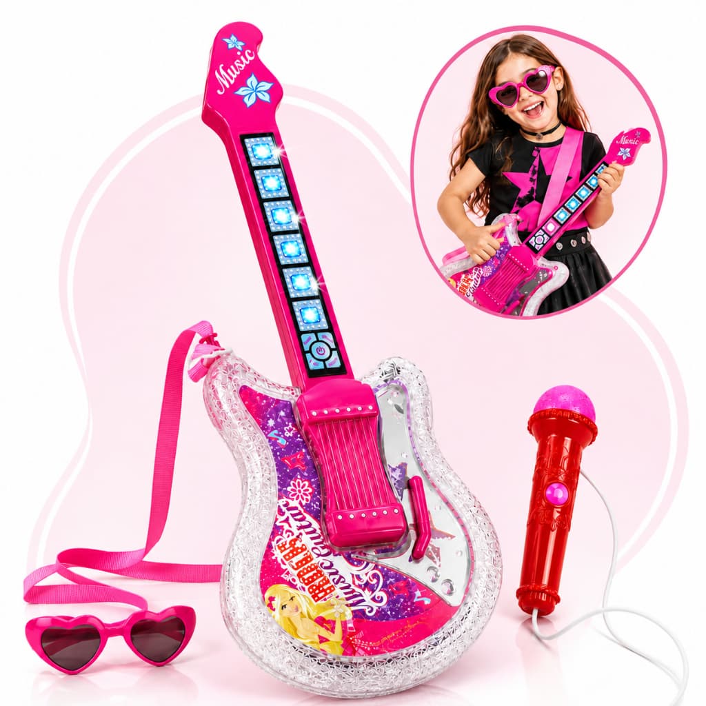 Guitarra Com Microfone Girls Rock Instrumento Brinquedo Musical Infantil Menina Violão Rosa Kizumba