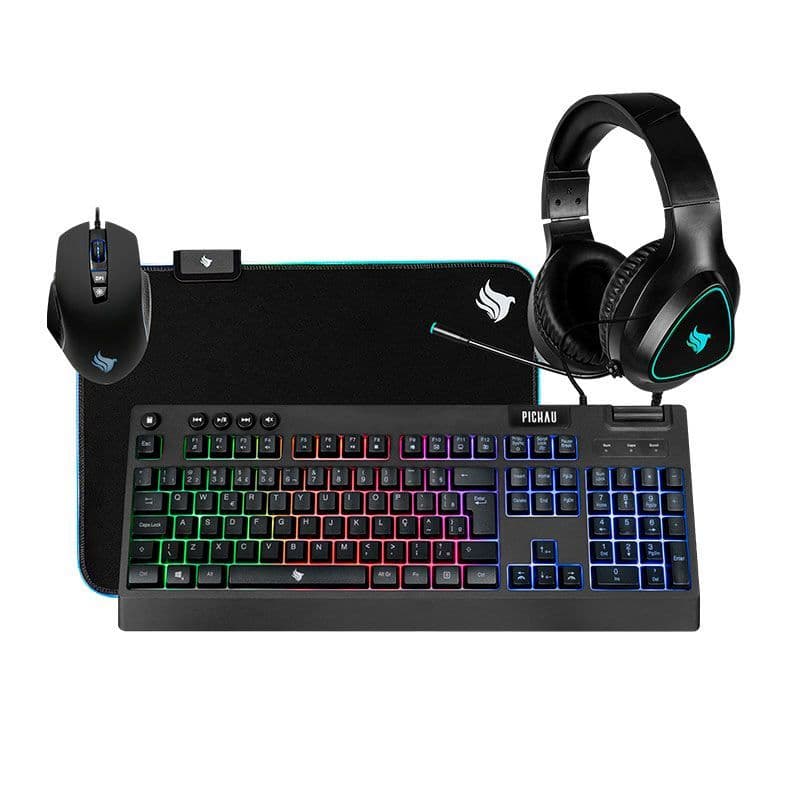COMBO GAMER PICHAU NETUNO 4X1, TECLADO ABNT2, MOUSE 8000DPI, MOUSEPAD, HEADSET 50MM, PG-NTN-RBW01