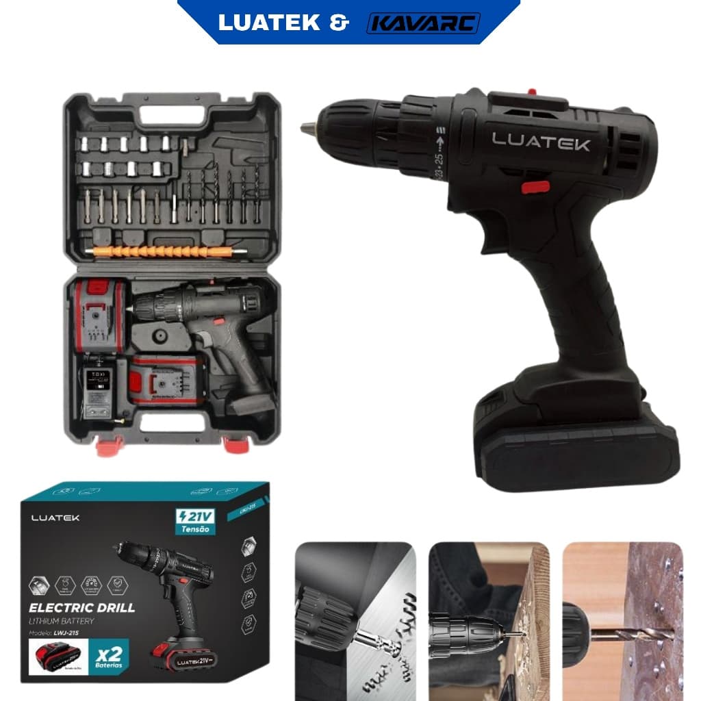 Parafusadeira Furadeira Sem Fio Recarregável 12v + 2 Baterias + Maleta Kit Ferramentas-LUTEK