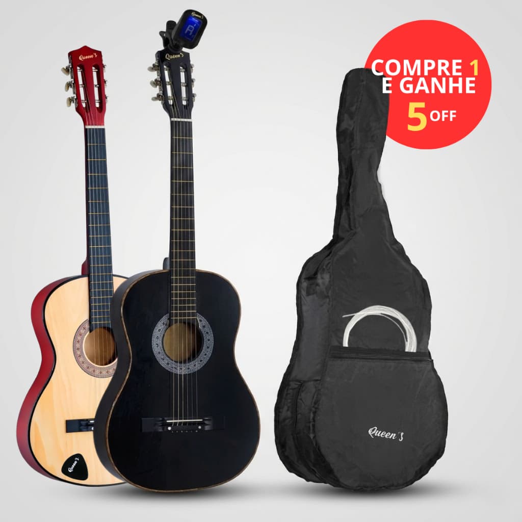 Kit Violão Musical Com Afinador e Capa Queen's Adulto Cordas Aço Acústico Instrumento Para Iniciantes