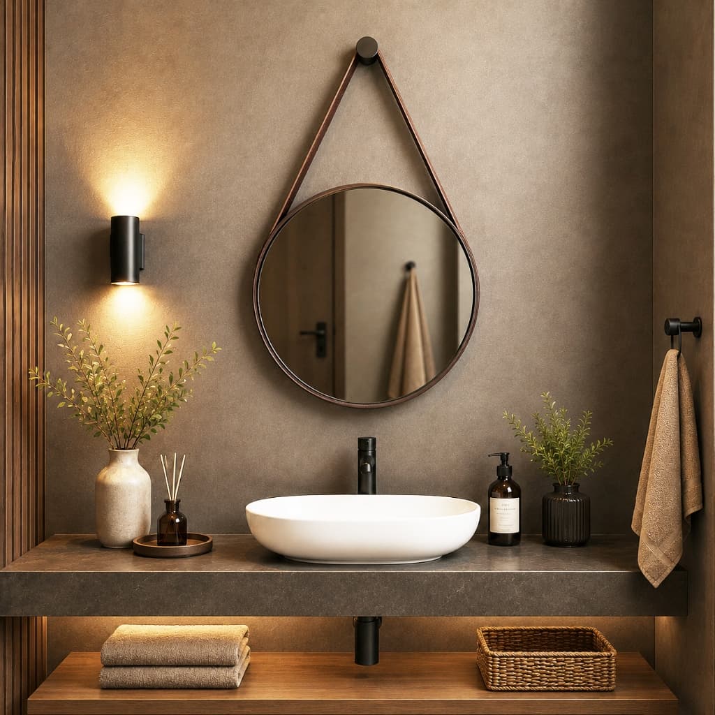 Espelho Decorativo Redondo Com Couro Adnet Para Banheiros Quartos Salas Estilo Retrô C/ Pino Suporte