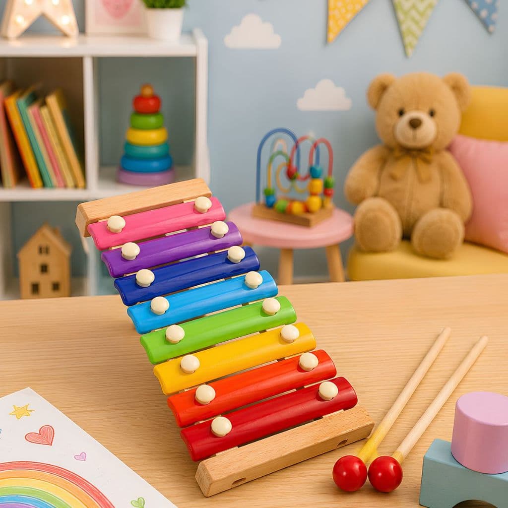 Xilofone Instrumento Musical Infantil Com 8 Notas Musicais e 2 Baquetas em Madeira e Metal