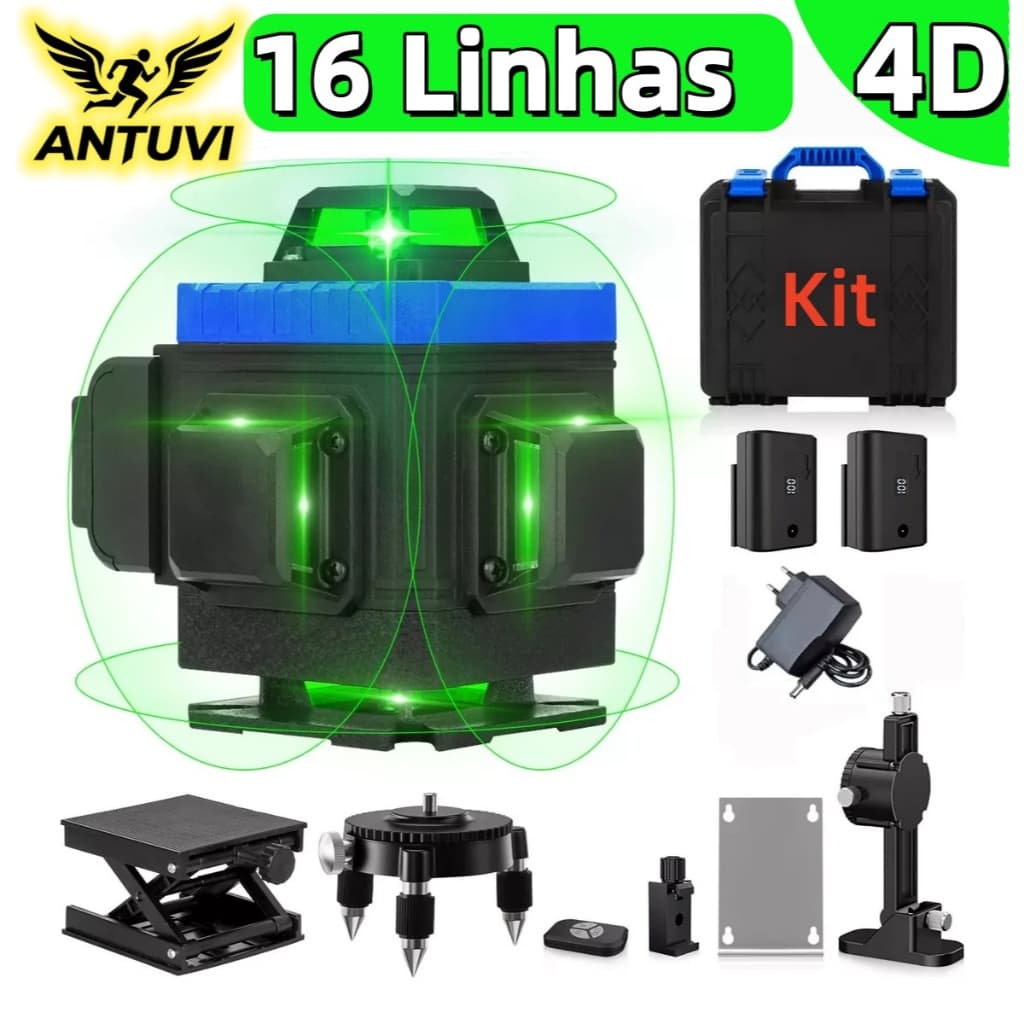 Kit De Nível Laser Verde 16 Linhas 4d Autonivelante Com 2 Baterias Nivel A Laser Com Caixa