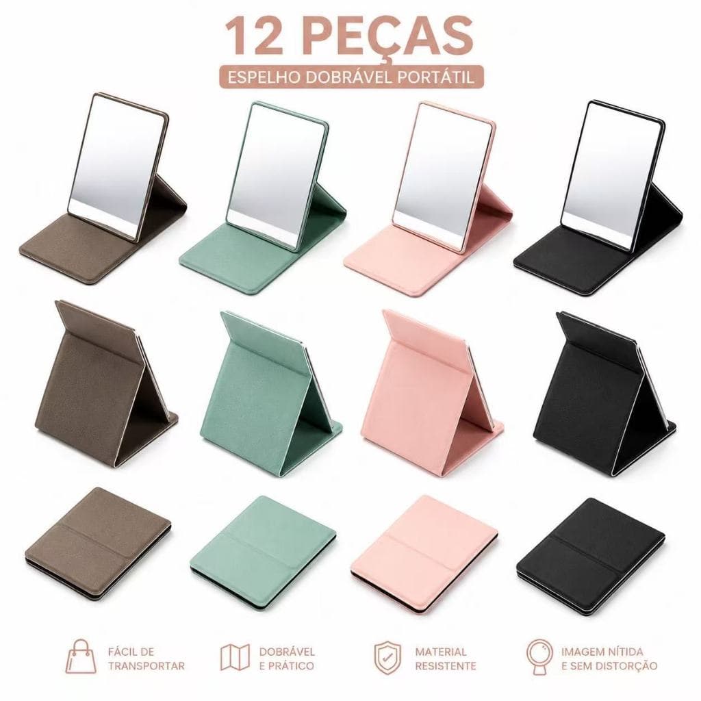 KIT12 Espelho de Maquiagem Dobrável Portátil de Mão e Mesa