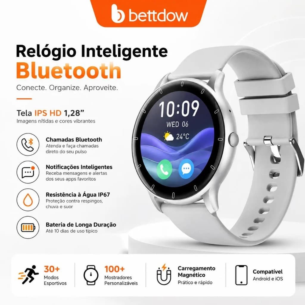 Relógio inteligente BETTDOW, à prova d'água IP67, tela IPS curva de 1,28 polegadas, chamadas Bluetooth, carteira eletrôn