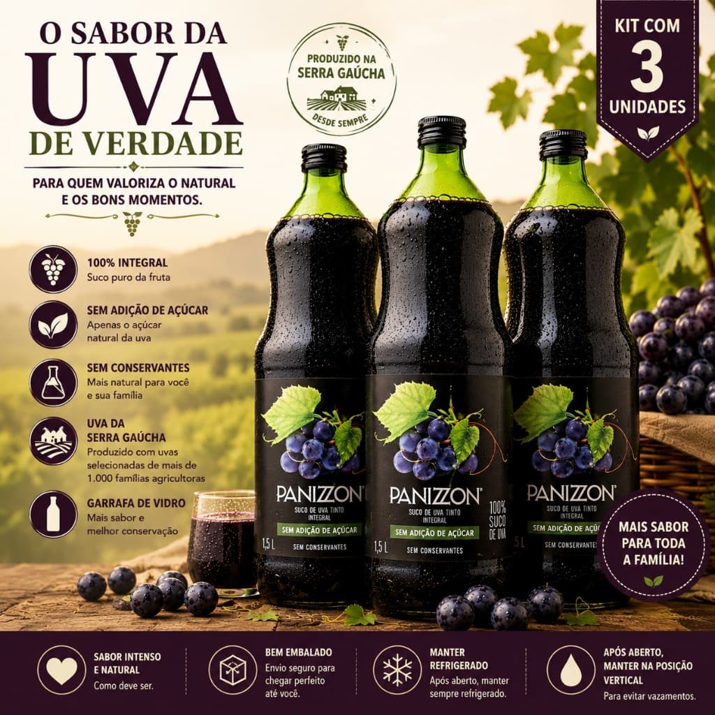 Suco de Uva Integral Panizzon 1,5L Kit 3Un