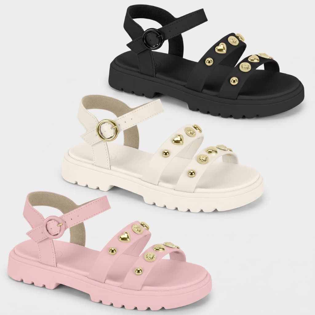 Sandalia Infantil Molekinha Menina Fashion Detalhes Dourados Conforto