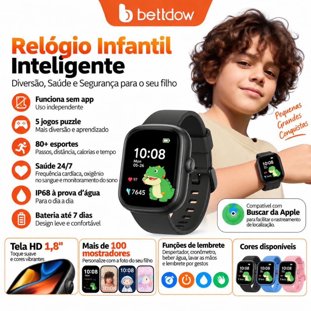 Relógio inteligente infantil BETTDOW de 1,83 polegadas, com função FineMy, resistência à água I67 e lembretes inteligent