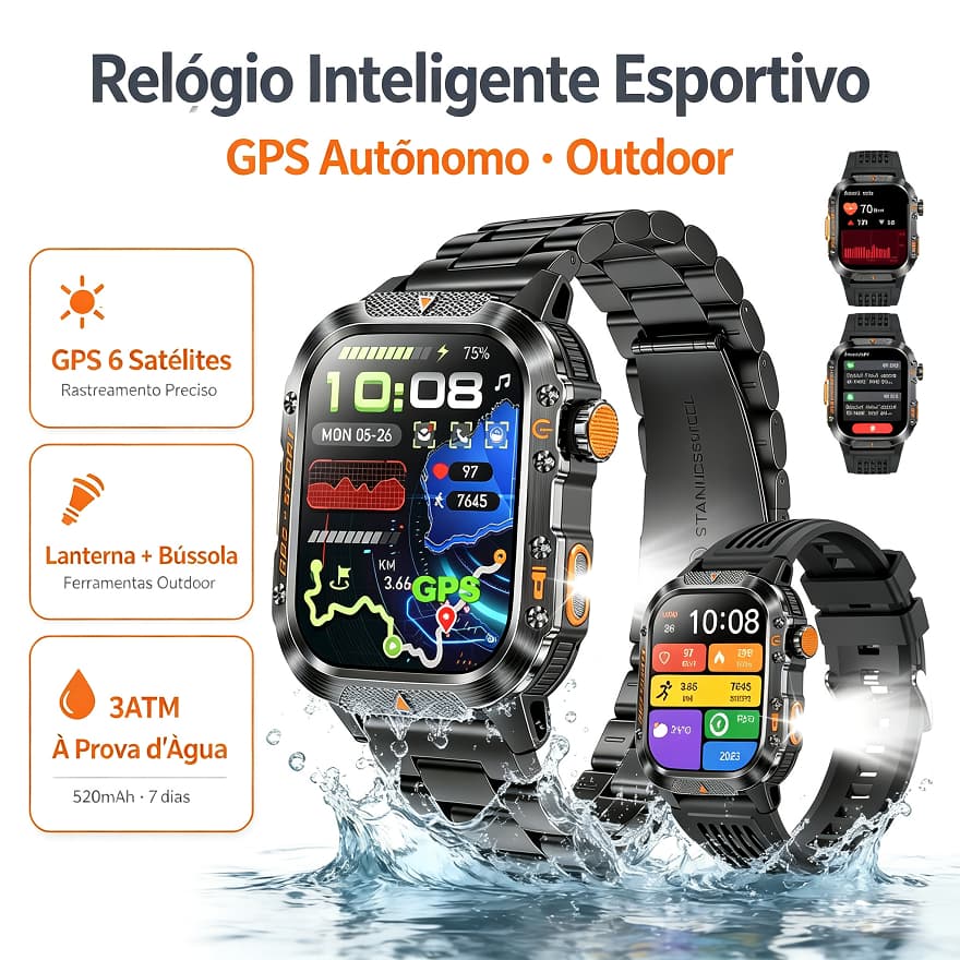 NOVANTE Relógio Inteligente Smartwatch Gps 520mAh 3ATM Grau Militar Água Chamadas Bluetooth Notificações Instantâneas