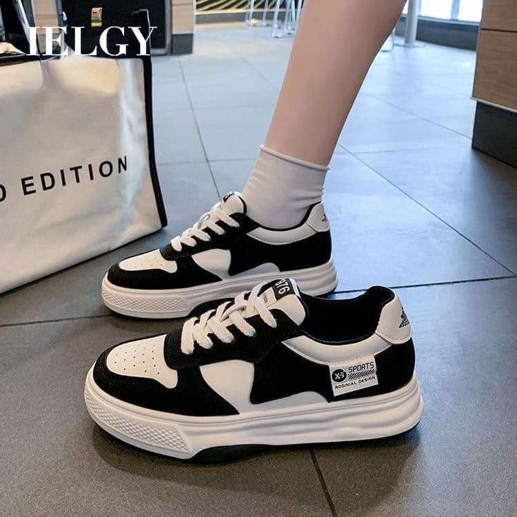 IELGY Sapatos De Tabuleiro Preto E Branco Plataforma Feminina Tênis Casuais Estudante Corrida Branca