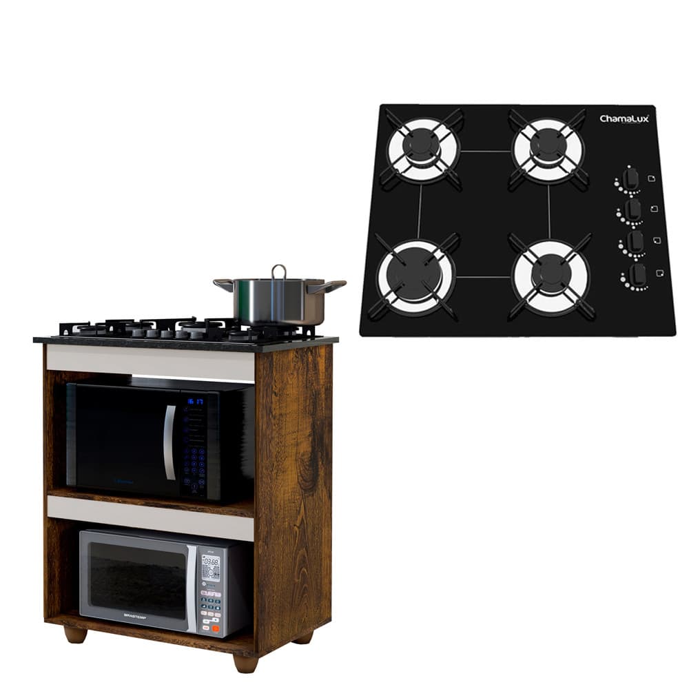 KIT BALCÃO COOKTOP TURIM YPE/OFF WHITE E FOGÃO COOKTOP 4 BOCAS ULTRACHAMA CHAMALUX PRETO