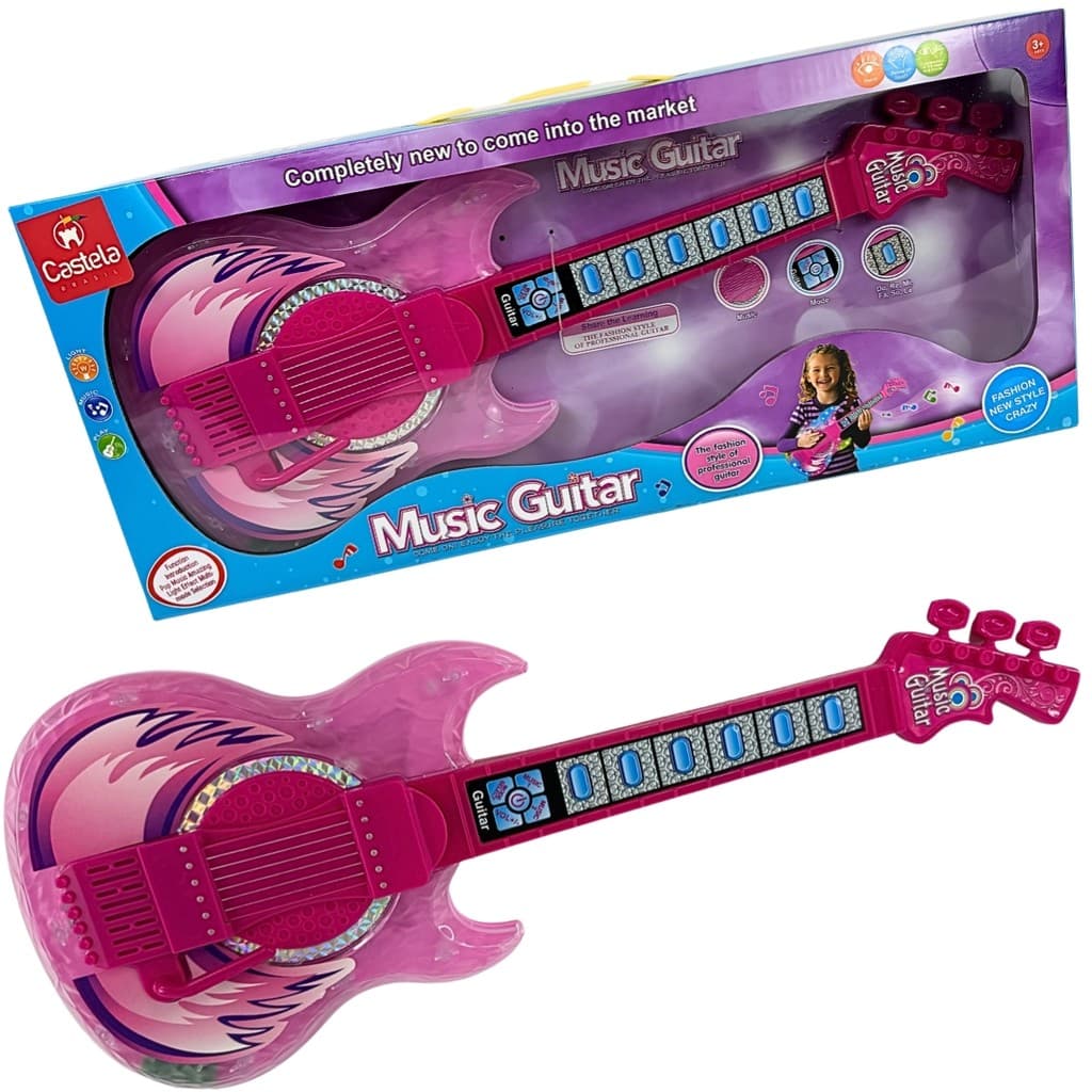 Guitarra De Brinquedo Infantil Rosa 48cm Castela Som e Luzes Botões Interativos Instrumento Musical Didático Menina