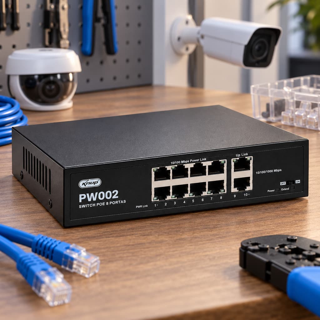 Switch PoE para Câmeras IP Knup KP-PW002 8 Portas 10/100Mbps 2 Uplink Gigabit Backplane 12Gbps Plug and Play 150m