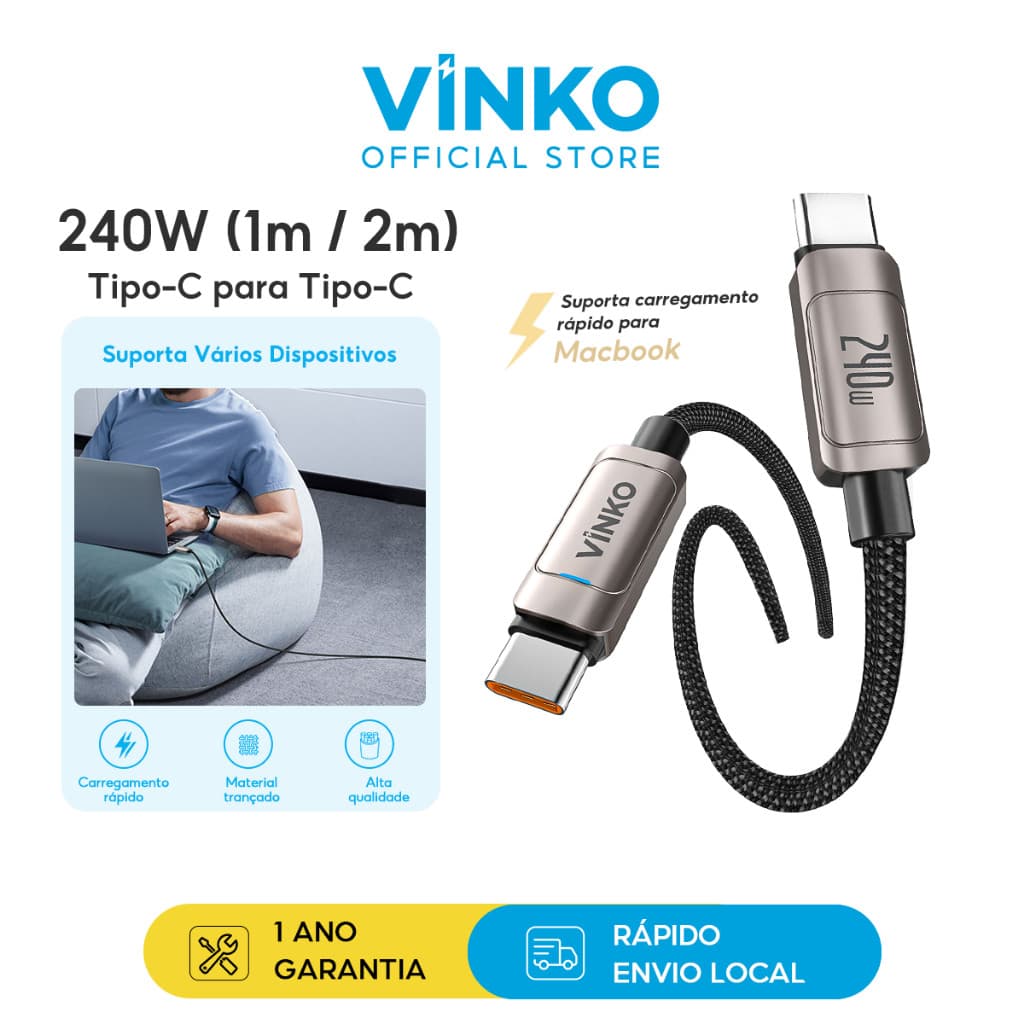 Vinko 1/2pcs Cabo Usb C/Tipo C 240w Para Celular/Tablets/Notebook 1m/2m Compatível com Android/Macbooks N1001