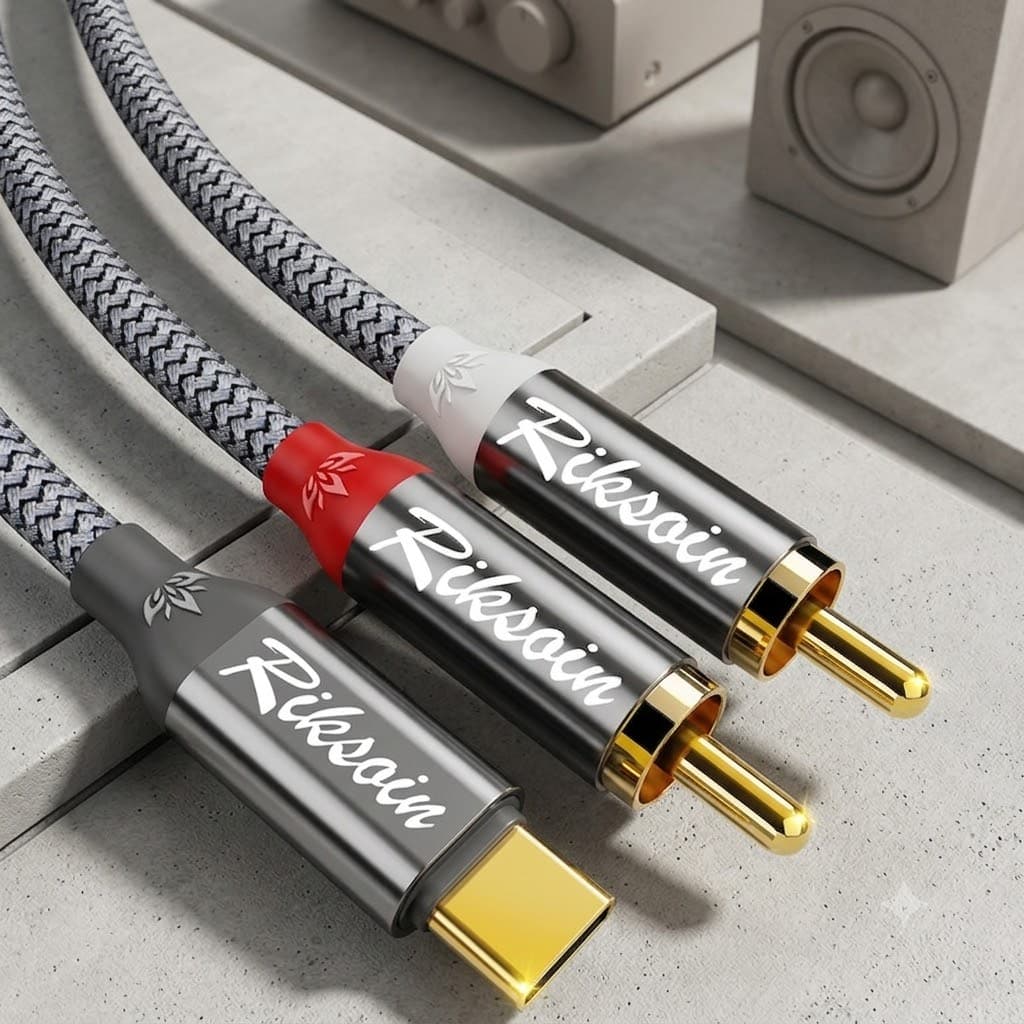 O adaptador de áudio Riksoin USB Type C para 2 RCA é um cabo Y splitter que permite conectar tablets a sistemas de home