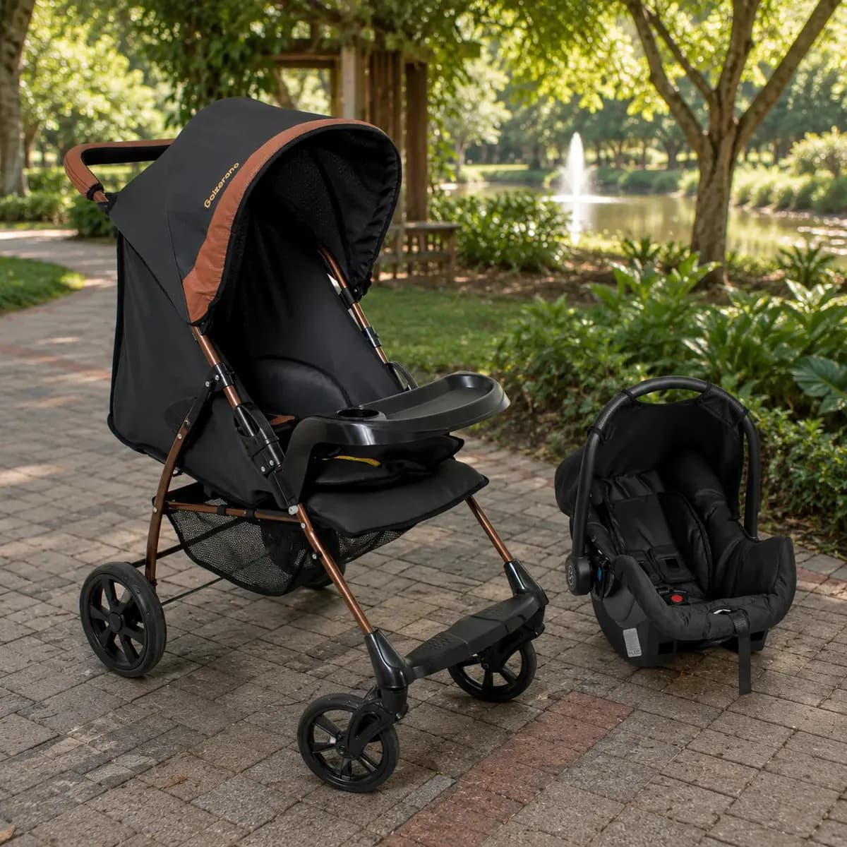 Carrinho de Bebe com Bebe Conforto Galzerano Romano G22 Preto Cobre Carrinho de Bebe Passeio Compacto