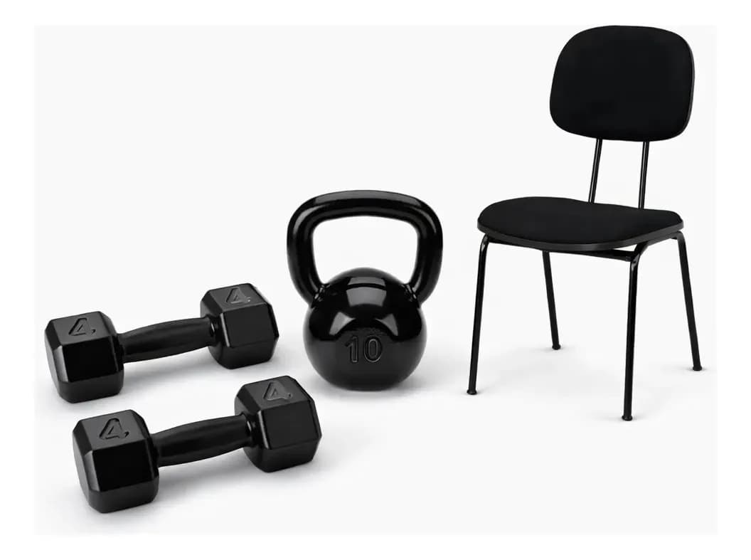 Kit Academia com Halteres de 4kg, Kettlebell de 10kg e Cadeira de Escritório