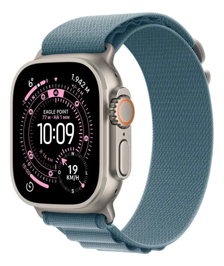 Apple Watch Ultra 3 GPS + Cellular • Caixa natural de titânio – 49 mm • Pulseira loop Alpina azul-clara – M