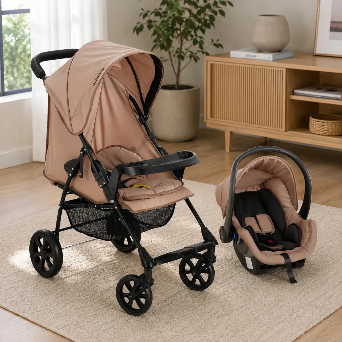 Carrinho de Bebe com Bebe Conforto Cocoon Toffee Galzerano Romano G22 Toffee Carrinho de Bebe Passeio 22Kg