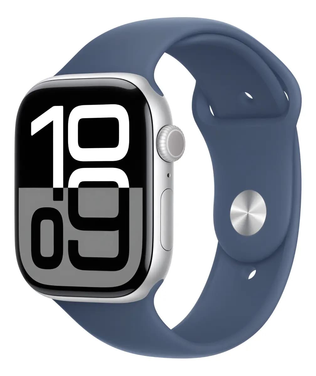 Apple Watch Series 10 GPS + Cellular • Caixa prateada de alumínio – 46 mm • Pulseira esportiva denim – M/G