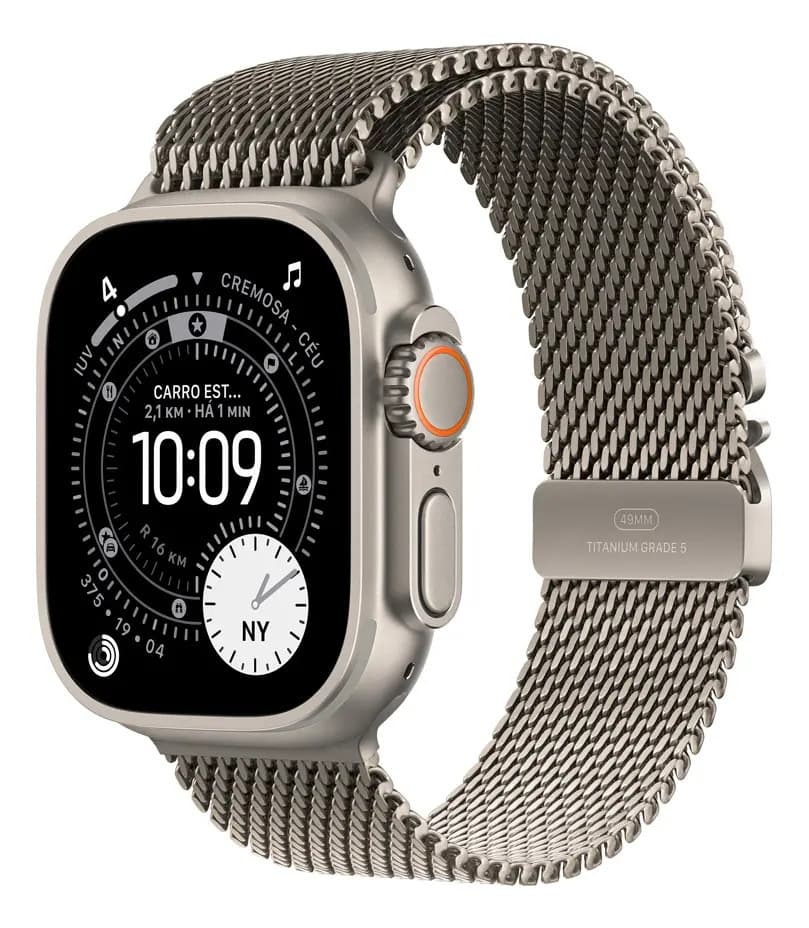 Apple Watch Ultra 3 GPS + Cellular • Caixa natural de titânio – 49 mm • Pulseira natural estilo milanês de titânio – P