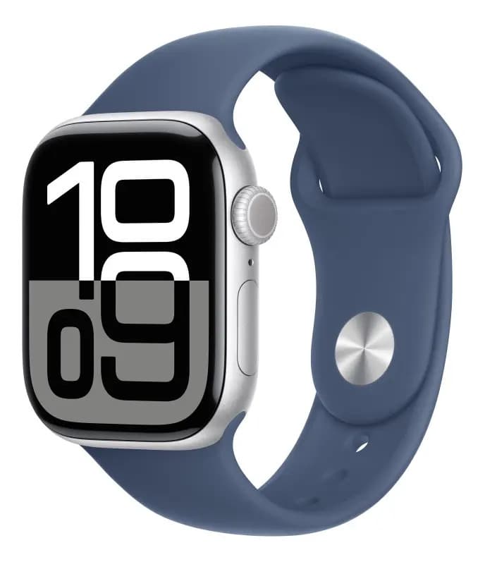 Apple Watch Series 10 GPS + Cellular • Caixa prateada de alumínio – 42 mm • Pulseira esportiva denim – P/M