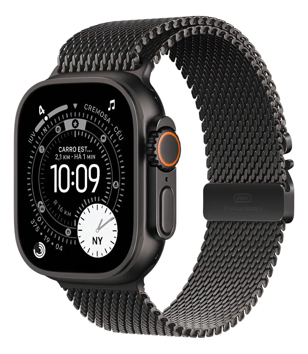 Apple Watch Ultra 3 GPS + Cellular • Caixa preta de titânio – 49 mm • Pulseira preta estilo milanês de titânio – P