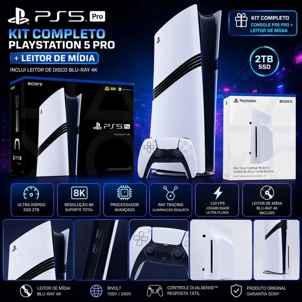 Console PlayStation 5 Pro Sony Branco c/ Leitor de Mídia e SSD 2TB