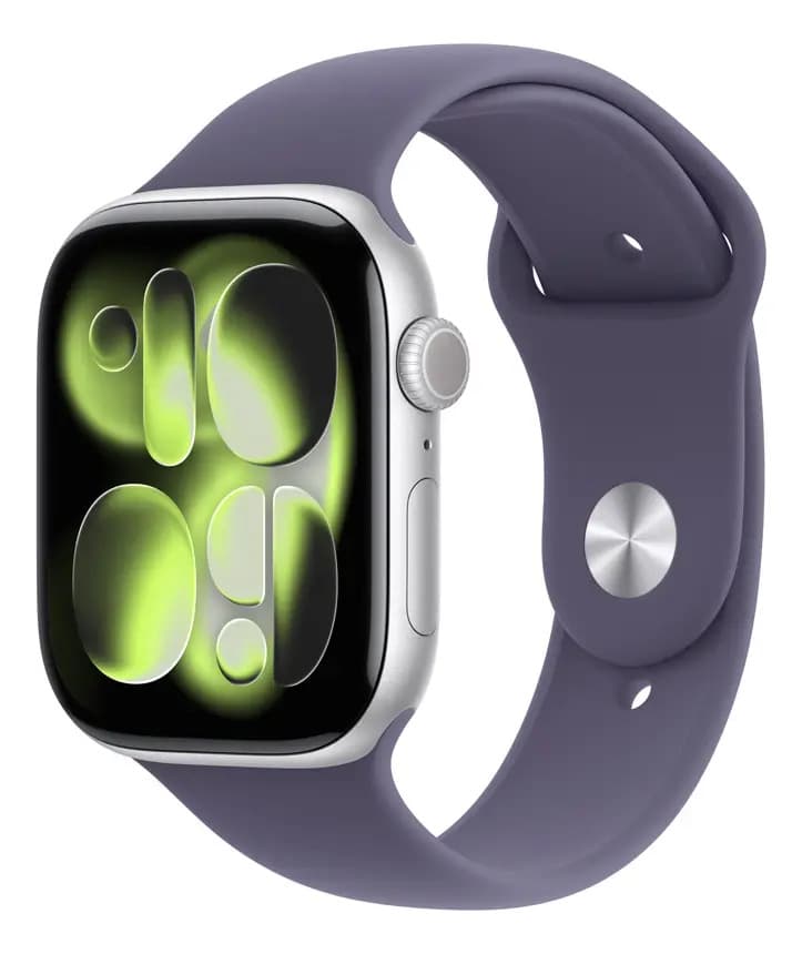 Apple Watch Series 11 GPS - Caixa prateada de alumínio – 46 mm - Pulseira esportiva roxo-névoa – M/G
